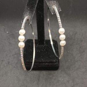 Sophisticated Silver and White Faux Pearl Hoop Earrings